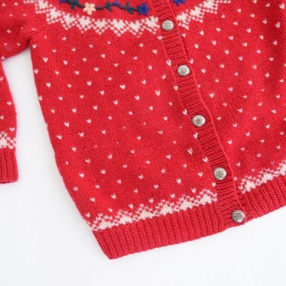Vintage 80s Eddie Bauer Red with Winter Design 100% Wool Button Up Cardigan Smal - Picture 9 of 15